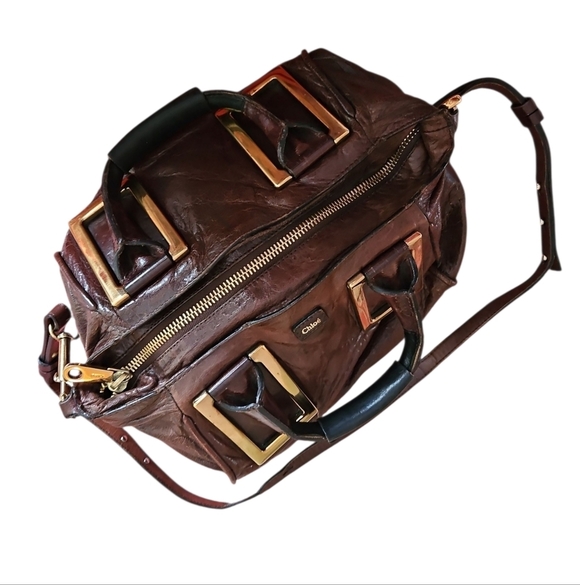 Chloé LARGE Vintage Ethel Brown Leather Handbag, Gold Accents, Crossbody Strap - Picture 5 of 15